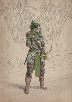 Digital drawing of a green-haired woman
standing on a muddy road in the snowy wilderness of Fractured Peaks.
She's wearing light leather and plate armor with a green cloth hood,
and carries a crossbow, two swords, and several small daggers.
