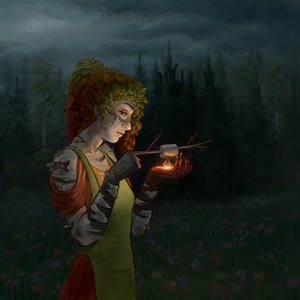 Digital painting of a woman with birch bark for skin
and leaves for hair standing in a moonlit meadow.
One of her hands is a glowing ember with a flame held in the palm.
The other hand sprouts a twig which holds a marshmallow over the flame.