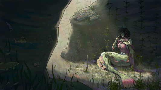 Digital painting of Aava the mermaid sitting somewhere underwater.
She's wearing her jewelled pink halter top and surrounded by rocks and foliage,
a bright light reaching her body from between the rocks but leaving her face in shadow.
She's stroking her hair with a hand, resting the other on her breast,
and looking sidelong at us in a playfully inviting but also slightly sinister gesture.
There's a lot of empty space in the image, implying that we're a bit of distance away,
perhaps unsure whether to accept her invitation.