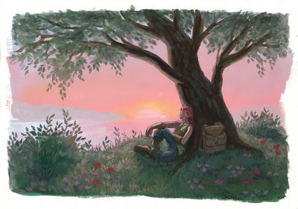 Gouache painting of Miriel, a red-haired elf, sitting under a tree.
In the distance behind her, the sun is setting across a lake,
coloring the sky in warm tones of orange and pink.
A backpack is propped up against the tree, and the surrounding ground is covered in grass,
flowers, and bushes.