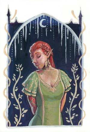 Portrait of Miriel, a red-haired elf, painted with gouache.
She's wearing a green dress with layered flutter sleeves,
decorated with gold patterns painted with glittery metal watercolors.
Her makeup also has glitter in it,
and she's surrounded by a similarly sparkly frame of silver and gold patterns
contrasted against a dark background the color of a night sky.