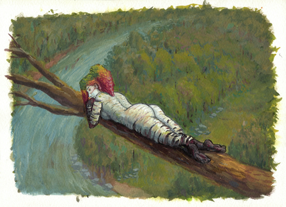 Gouache painting of Ivu, a dryad with birch bark skin
and a ponytail of leaves in fall colors,
laying stomach down on a large branch.
She's leaning on her hands and glancing back at the viewer with a wry smile.
An expanse of forest, grassland and river is seen far below her.