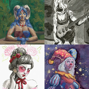 A grid of four different cropped thumbnails of artwork in ink and gouache.