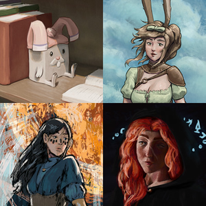 A grid of four drawings in different styles featuring various characters.