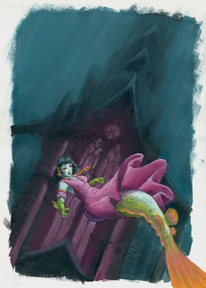 Gouache painting of Aava,
a pale-colored mermaid with black bob-cut hair, wearing a billowing pink dress.
We're underwater, but not very deep - the darkness is broken by dim shafts of light from above.
She's falling backwards away from the viewer and towards a gothic cathedral tower seen in the background.
