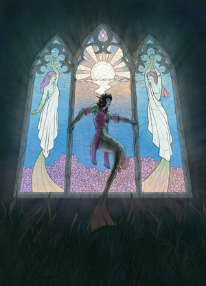 Digital painting of a mermaid
posing in front of a row of three stained glass windows on an underwater stone wall.
The window directly behind her depicts a sunset over water,
and to her sides are two mermaids wearing white drapery.
The window is the dominant light source,
making bright beams in the water and a stark contrast with everything else.